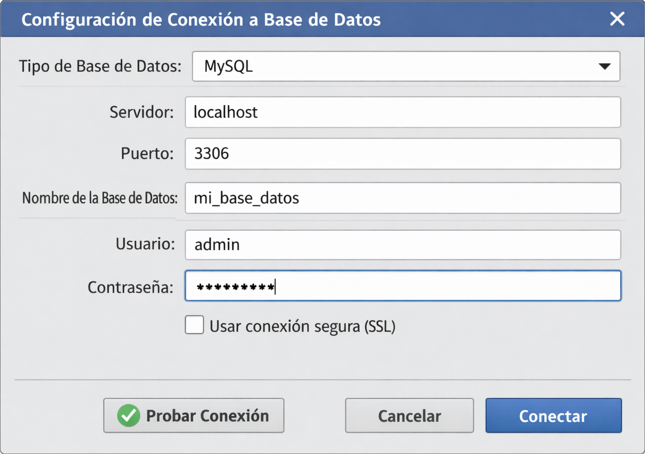 Pantalla de configuración de conexión: host, usuario, contraseña y tipo de base de datos